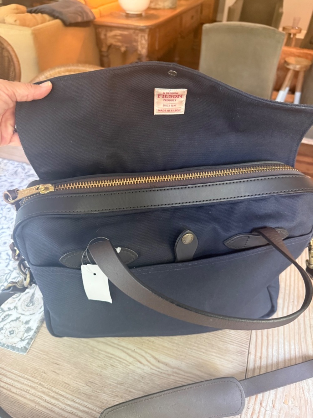FILSON NWT Navy Blue Original Briefcase with Brown Leather Trim - Picture 7 of 11